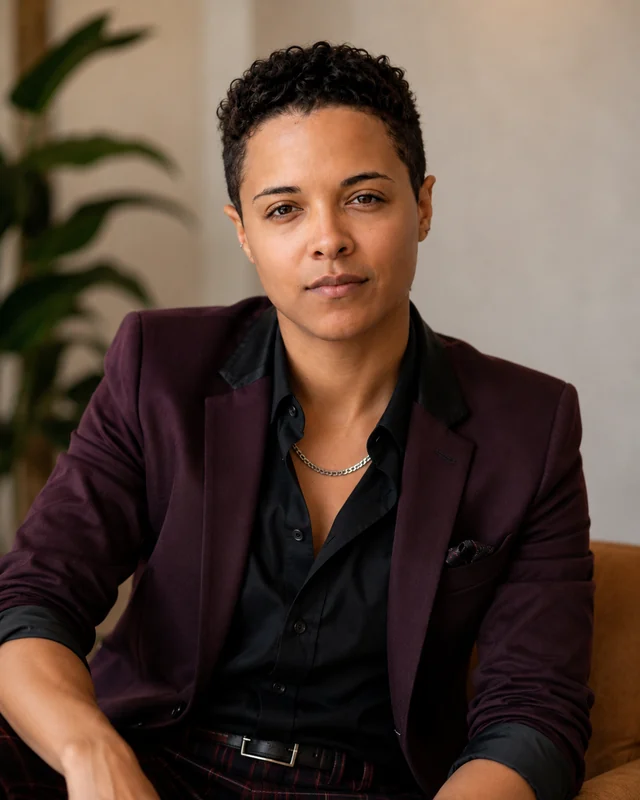 Bri Wilson, seated in a warm room, wearing a dark blazer.