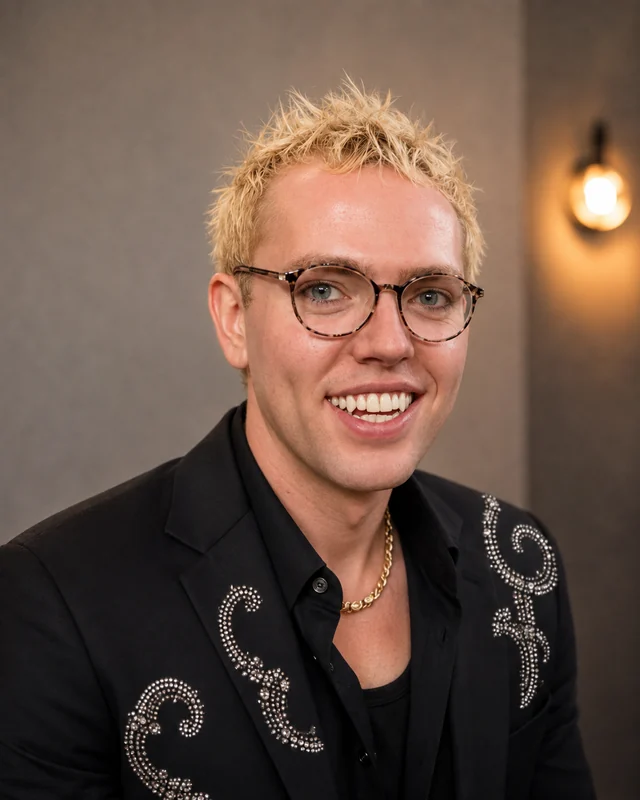 Timo, smiling, wearing glasses and a dark embroidered jacket.